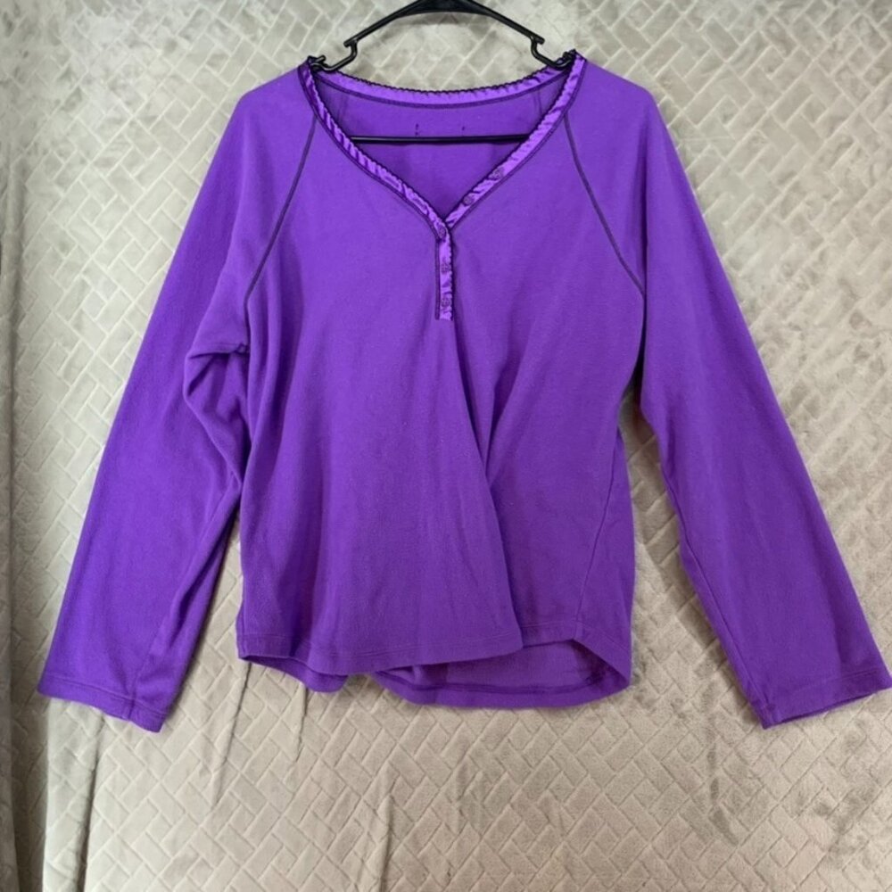 Womens Pajama Shirt Purple Long Sleeve Fleece Henley Button Winter